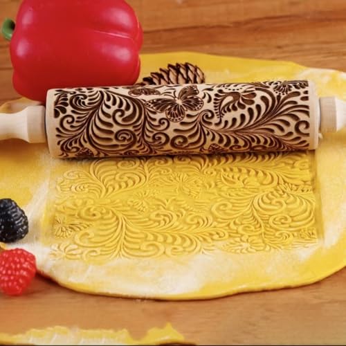 Floral Embossed Rolling Pins for Cookies, Wooden Engraved for Baking, Butterfly Embossing Rolling Pins with Designs, Patterned Rolling Pin Decorative Springerle Stamp Clay Pattern Roller - color: Butterfly Elegance New