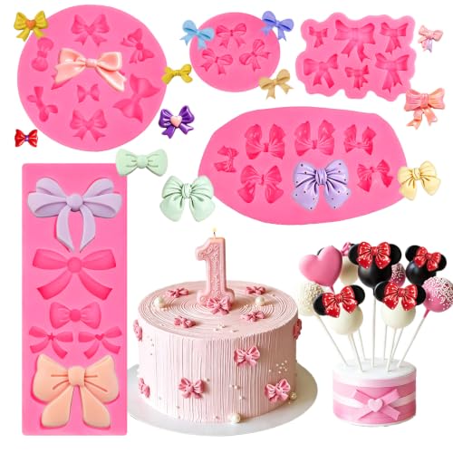 Bow Mold Silicone, Mini Bows Candy Chocolate Mold Bow Cake Silicone Molds - color: 5 Pcs Bow Fondant Molds, Pink
