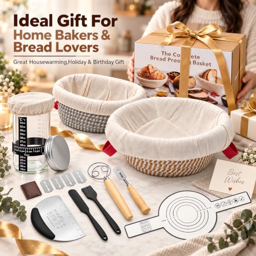 Sourdough Starter Kit Gift Set – 21Pcs Complete Baking Tools with 22oz Jar, Oval Banneton Basket, Dough Whisk, Bread Lame & Silicone Liners, Perfect for Artisan Home Bakers