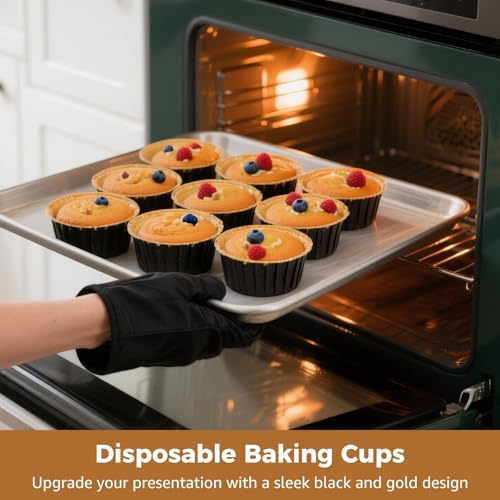 Disposable Ramekins with Lids, 100 Pcs 4.2 oz Aluminum Foil Baking Cups Containers for Cake, Dessert, Muffin, Cupcake, 3.3 x 2.1 in, Black Gold