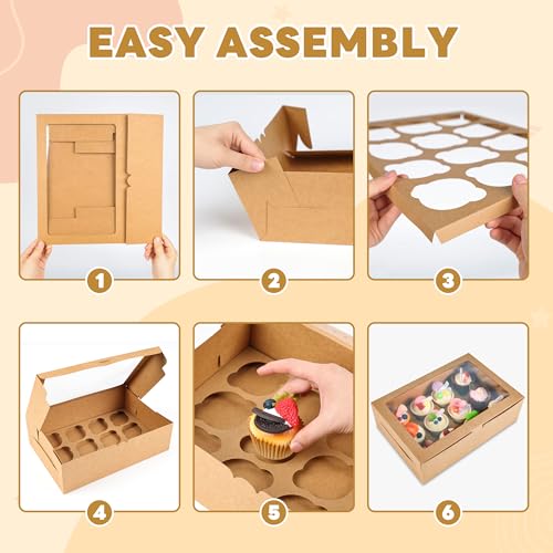 NPLUX 6 Pack Cupcake Boxes for 12 Cupcakes, Brown with Window - color: Brown