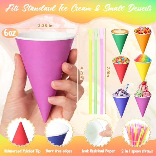 Honeydak 200 Pcs Rainbow Snow Cone Cups with Straws 6 oz Disposable Rainbow Paper Cone Cups, 6 Bright Colors, Slush Shaved Ice Cream Sorbet for Carnivals Party