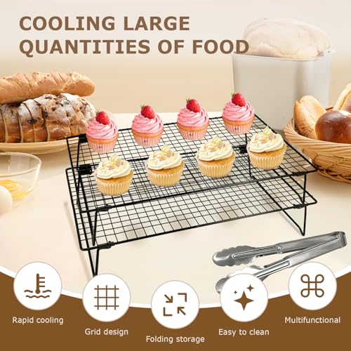 2-Pack 16.9x11inch Cooling Rack with Collapsible Legs & Food Tongs