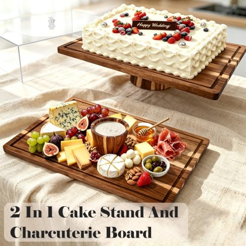 17" Acacia Wood Cake Stand with Lid, Rectangle Cake Stand,