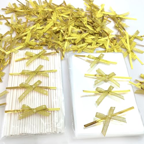 100 Sets Clear Rice Crispy Treat Bags 4x6in with Sticks and Ties Gold Bow