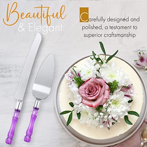 Cake Knife and Server Set, Cake Cutter and Pie Spatula, Cake Server and Knife Set with Acrylic Faux Crystal Handles, Cake Cutting Set for Wedding Cake, Birthdays, and Parties (Purple Silver) - color: Purple Silver