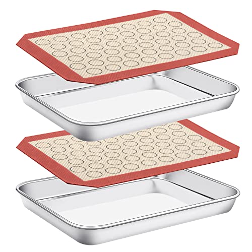 Baking Sheet with Silicone Mat Set of 4 [2 Sheets + 2 Mats], Deedro Stainless Steel Cookie Sheet Baking Pan with Silicone Baking Mat, 9 x 7 x 1 Inch, Non Toxic, Heavy Duty, Easy Clean - size: 9 inch