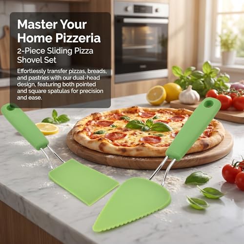Sliding Pizza Shovel Set, Pointed and Square Head Spatula for Pizza, Pastry, Bread with Silicone Blade, Green, 2 Piece
