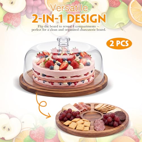 Mifoci 2 Pack Acacia Wood Cake Stand Serving Tray with Acrylic Lid, Charcuterie Table Display Set, 12 x 12 Inches Dessert Serving Tray Set for Bakery, Buffet, Home Party & Restaurant - color: Acacia Wood, size: 12 x 12 Inches
