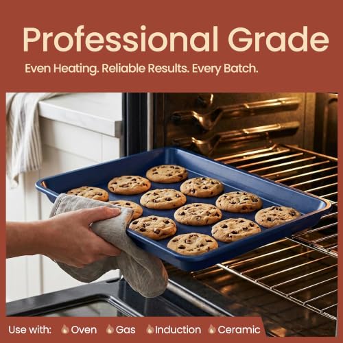 BAKKEN Nonstick Carbon Steel Bakeware Set - 6 Piece Kitchen Baking Trays, Non Toxic Stackable Oven Pans Bundle with Cookie Sheets, 6 Cup Muffin, Roaster, Square Cake, and Loaf Pan for Bread - color: Blue