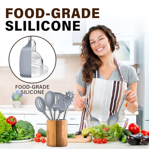 5Pcs Silicone Cooking Utensils Set, Heat Resistant Kitchen Tools Include Solid&Slotted Spatula, Cooking Spoon and Pasta Server, Silicone Kitchen Utensils set for Nonstick Cookware Flipping, Gray - color: Gray
