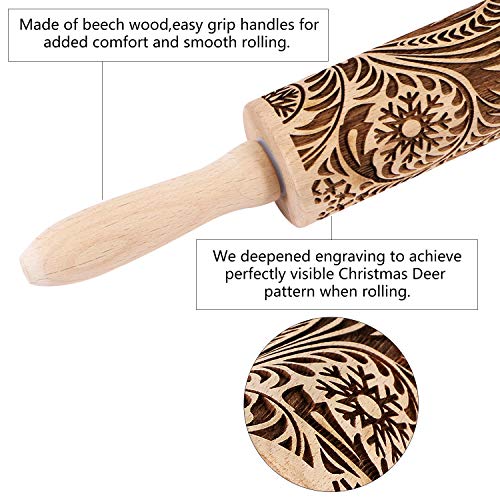 Embossed Wooden Rolling Pin for Baking,Evermarket Deep Engraved Embossing Rolling Pin with Christmas Snowflake Flower Design for Baking Embossed Cookies,Cute Kitchen Decor DIY Tool for Adults