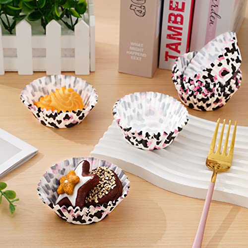 Waline 300 Pcs Cow Print Cupcake Liners 2 x 1.2 Inch Black Pink Animal Print Paper Baking Cups Muffin Liner Cake Storage Container for Baby Shower Birthday Wedding Party Supplies - style: Black Pink Cow Print