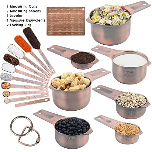 Measuring Cups and Spoons Set, Copper Measuring Cups and Spoons Set for Dry & Liquid, Metric&US 7 Stainless Steel MeasureR Cup&9 Spoon Leveler & Measure Enquivalents for Kitchen & Baking - color: Copper