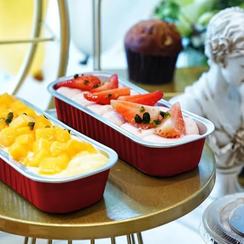 Mini Cake Pans with Lids and Spoons 200 Pack, Mini Loaf Pans with lids 6.8oz, Small Disposable Aluminum Foil Loaf Pans, Rectangular Baking Container for Party, Picnics and Housewarming (Red) - color: Red