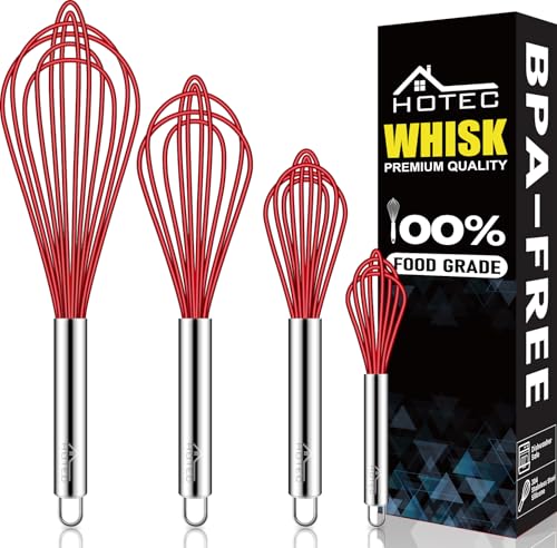 HOTEC 4Pcs Silicone Whisk Set, Wire Balloon Whisks for Cooking Egg Beater - color: Red,Silver