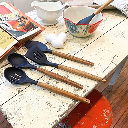 Non-Stick Silicone Kitchen Utensils Set with Natural Acacia Hard Wood Handle, 5 Piece, Midnight Blue, BPA Free, Baking & Serving Silicone Cooking Utensils - color: Midnight Blue