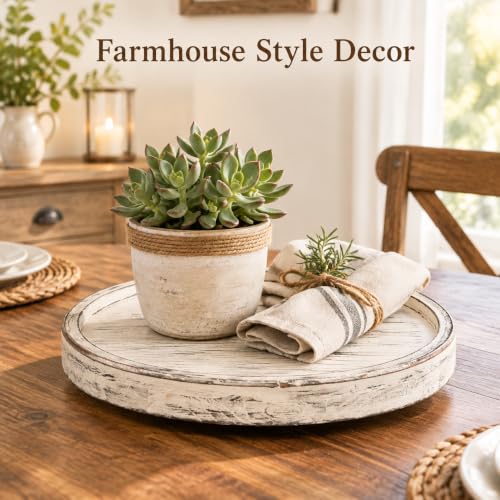 14 in White Distressed Round Lazy Susan, Farmhouse Turntable Dining Tray