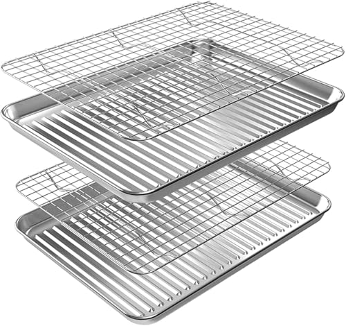Half Baking Sheet Pan Cooling Rack Set, Stainless Steel 2 Pans + 2 Racks - size: 18" X 12" X 1"
