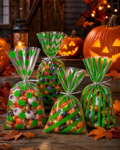 Capesaro 50 Pieces 10.6 x 5.1 In Green Cellophane Treat Bags Candy Gift Bag with Twist Ties Stripes Polka Dot Printed Pattern Goodie Bag for Birthday Weddings Party - color: Green-10.8'' x 5''