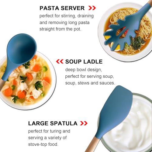 Silicone Cooking Utensils Set 6Pcs Heat Resistant Silicone Kitchen Utensils Set for Cooking Spatula Spoon Turner Ladle w Wooden Handle, BPA FREE Kitchen Gadgets for Nonstick Cookware & Baking - color: Blue, size: Standard 6-Piece Set