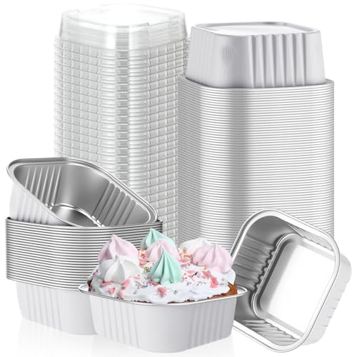 Skylety 100 Pcs 5oz Mini Square Cake Pans with Lids, White - color: White