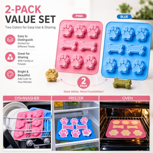 2 Pcs Dog Treat Molds Silicone with Puppy Dog Paw and Bone Shaped 2 in 1，Easy Release – Non-Stick Molds for Homemade Dog Treats, Pudding, Peanut Butter & Baking Biscuits - color: 2pc-Bone & Paw Shapes