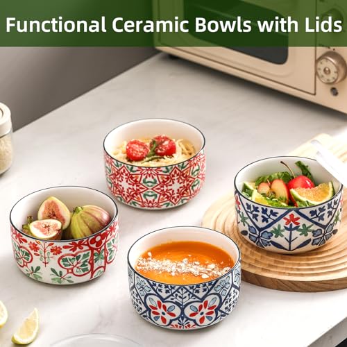 Ceramic Bowl with Lid, Microwave Safe, Set of 4 - color: Color A - Set of 4