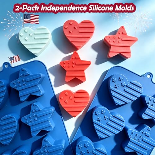2 Pack 4th of July Silicone Molds for Baking, Large Independence Day Patriotic Chocolate Molds with American Flag Heart & Star Shapes, Silicone Chocolate Molds for Candy, Soap, Ice, Cupcake Toppers