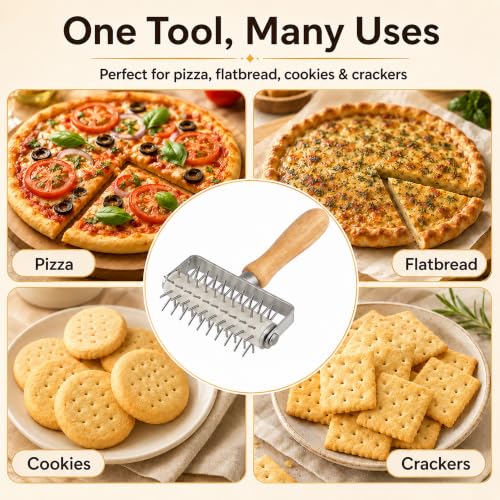 Pizza Dough Docker Pastry Roller Stainless Steel,Pizza Docking Tool - color: Wood