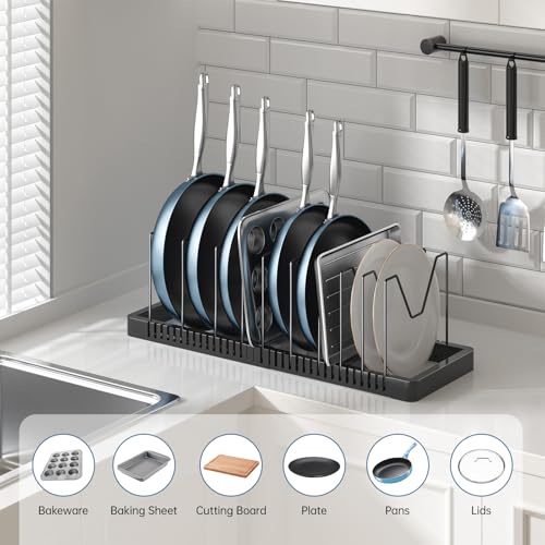 PanPanPal Pots and Pans Organizer under Cabinet, Expandable Pot Lid Organizer Holder with 10 Adjustable Compartment, Pan Organizers inside Cabinet for Lids, Bakeware, Kitchen Storage Pot Rack, Black - size: 10 Dividers