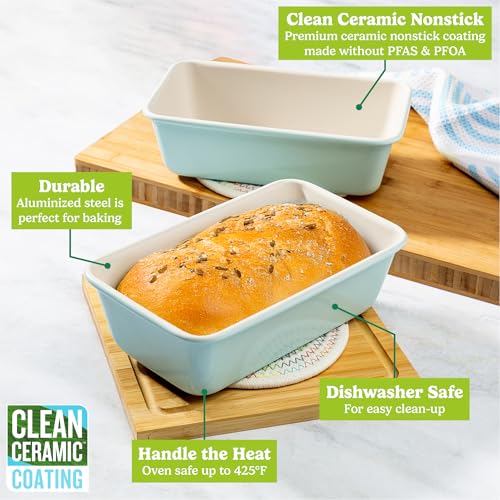 Tasty Clean Ceramic Loaf Pan Set, 2-Pack of 9-Inch x 5-Inch Cake Pans, Durable Aluminized Steel for Professional Results, Clean Ceramic Nonstick Coating, Oven Safe to 425°F, Dishwasher Safe, Aqua - size: 9-Inch x 5-Inch