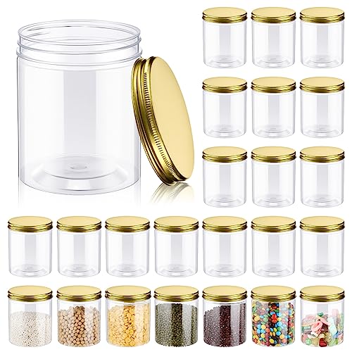 Irenare 24 Pcs 16oz Plastic Jars with Lids, Clear Wide Mouth Airtight Mason Jars Food Storage Containers for Cake, Dried Fruit, Honey, Nuts, Scrubs Cream, Kitchen & Craft(Golden Lids) - color: Golden