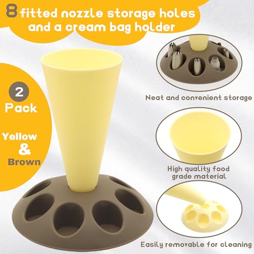 2 Pack Piping Bag Holder – Piping Bag Holder Stand for Filling, Icing Bag Holder, Pastry Bag Holder Stand with 8 Nozzle Slots, Includes 100 Pcs 13 in Piping Bags, 6 Icing Nozzles & 5 Couplers - color: Yellow and Brown