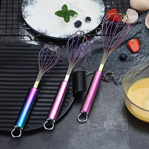 Berglander Rainbow Whisk Pack of 3 Stainless Steel 8",10",12", Titianium Plating Colorful Whisk for Cooking, Beater,Wire Whisk Set Kitchen Wisk (Rainbow) - color: 7. Rainbow