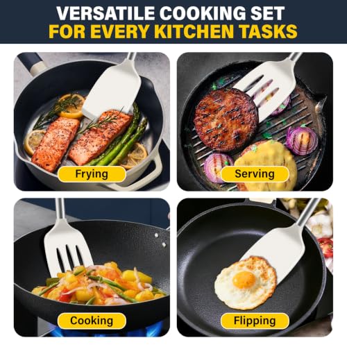 2 Pack Silicone Spatula Set, Solid & Slotted Turner for Non-Stick Pans - color: Beige