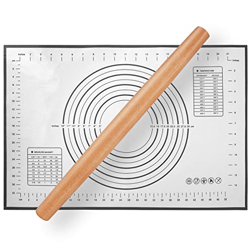 Wood Rolling Pin, QUELLANCE Wood French Roller Pin with Silicone Baking Mat, Beech Wood Dough Roller for Baking Dough, Pizza, Pie, Pastries, Pasta and Cookies - size: M-16 inch