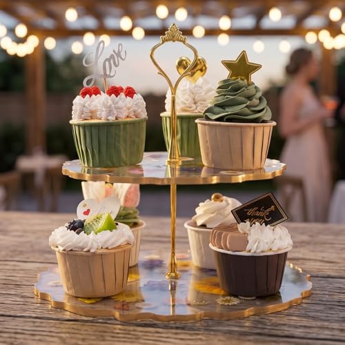 GUTE Floral Cupcake & Cake Dessert Stand, Resin Flower Tower - 2 Tier Stand Tray - Large Pretty Botanical Floral Stands for Desserts Table, Gold Handle, Fruits Candy Buffet Serving Trays