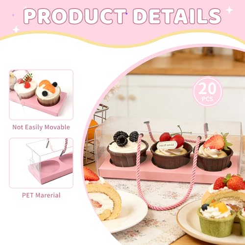 20Pcs Clear Cupcake Boxes with Handle, Cupcake Carrier for Party - color: Pink