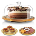 cutesun Cake Stand with Lid, Clear Acrylic Dome, Rotating Acacia Wood