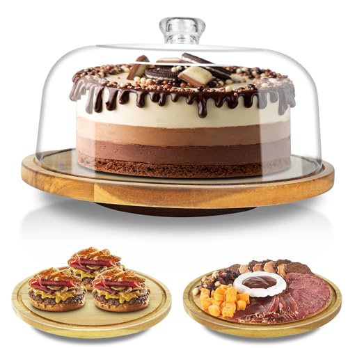 cutesun Cake Stand with Lid, Clear Acrylic Dome, Rotating Acacia Wood