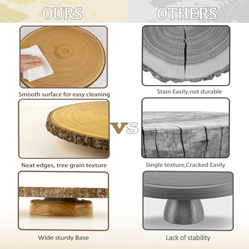 12 Inch Rotating Wooden Cake Turntable with Knife & Server, Round Rustic Cake Display Stand for Party Dessert Decor