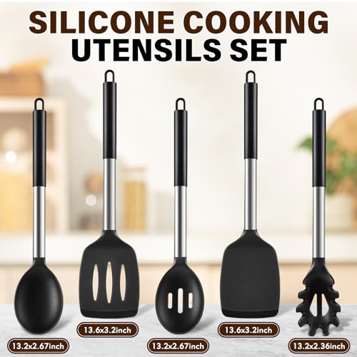 5Pcs Silicone Cooking Utensils Set, Heat Resistant Kitchen Tools Include Solid&Slotted Spatula, Cooking Spoon and Pasta Server, Silicone Kitchen Utensils set for Nonstick Cookware Flipping, Black - color: Black