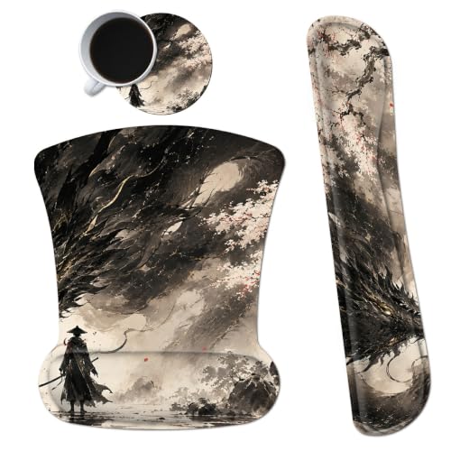 3-in-1 Ergonomic Memory Foam Keyboard Wrist Rest Pad Set, Sakura Dragon - color: 00016