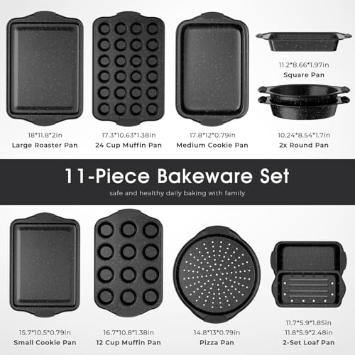 11-Piece Nonstick Baking Pans Set, Stackable Bakeware Sets, Black