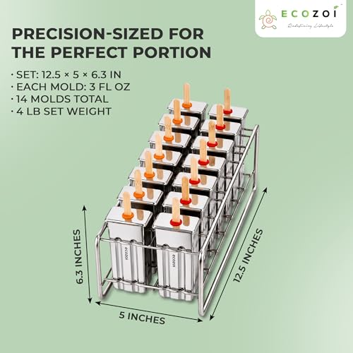 ecozoi Stainless Steel Popsicle Molds Set, 14 Metal Ice Pop Trays, 3 Ounce - size: Square-14 Molds