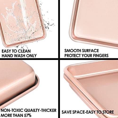 11" x 9" Baking Pans, Cookie Sheets Set of 2, Nonstick Toaster Oven Pan Set for Baking, Heavy Duty Carbon Steel Non-toxic Oven Replacement Cookie Tray for Kitchen Bakery, Gold - size: 11" X 9" X 1" (Fixed Bottom)