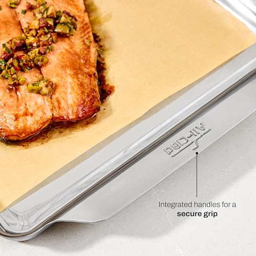 All-Clad Stainless Steel Half-Sheet Baking Pan 13" x 21" with Cooling Rack - Tri-ply Bonded for Consistent Baking- (Roast, Bake Cookies, Brownies and More) Professional Stainless Steel Bakeware - size: 2Pcs Half Sheet Pan & Cooling Rack Set(13" x 21")