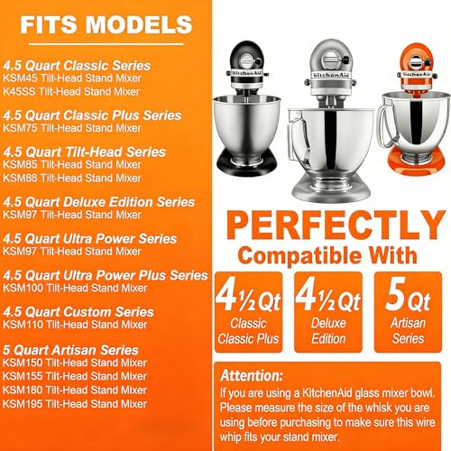 K45WW Whisk Attachment for KitchenAid 4.5 & 5 Qt Tilt-Head Mixers - Dishwasher Safe 6-Wire Stainless Steel Whip - Upgraded Heavy Duty Design for Fast Whipping Cream, Eggs, Frosting - size: Small(K45WW)