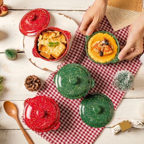 10 oz Ceramic Mini Cocotte Set of 4 for Oven (Xmas Duo) - color: Xmas Duo